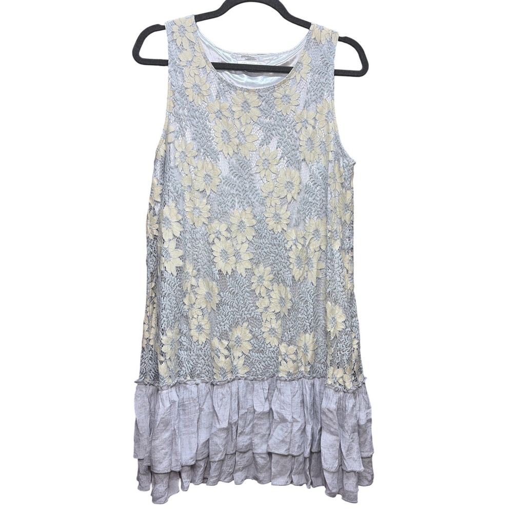 Paisley Vine Floral Lace Ruffle Tiered Mini Dress Grey Cream Sleeveless Lined